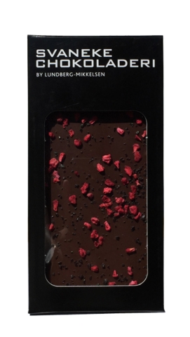 Mørk chokolade plade m. lakrids & hindbær, 100 g.