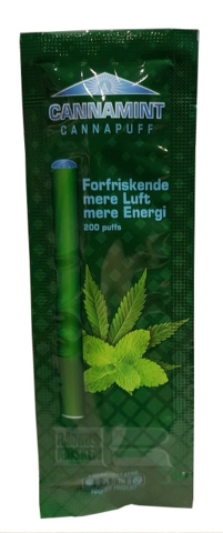 Mørke grøn emballage med en grøn, aflang tube. teksten: "CANNAMINT - CANNAPUFF - Forfriskende - mere Luft - mere Energi"